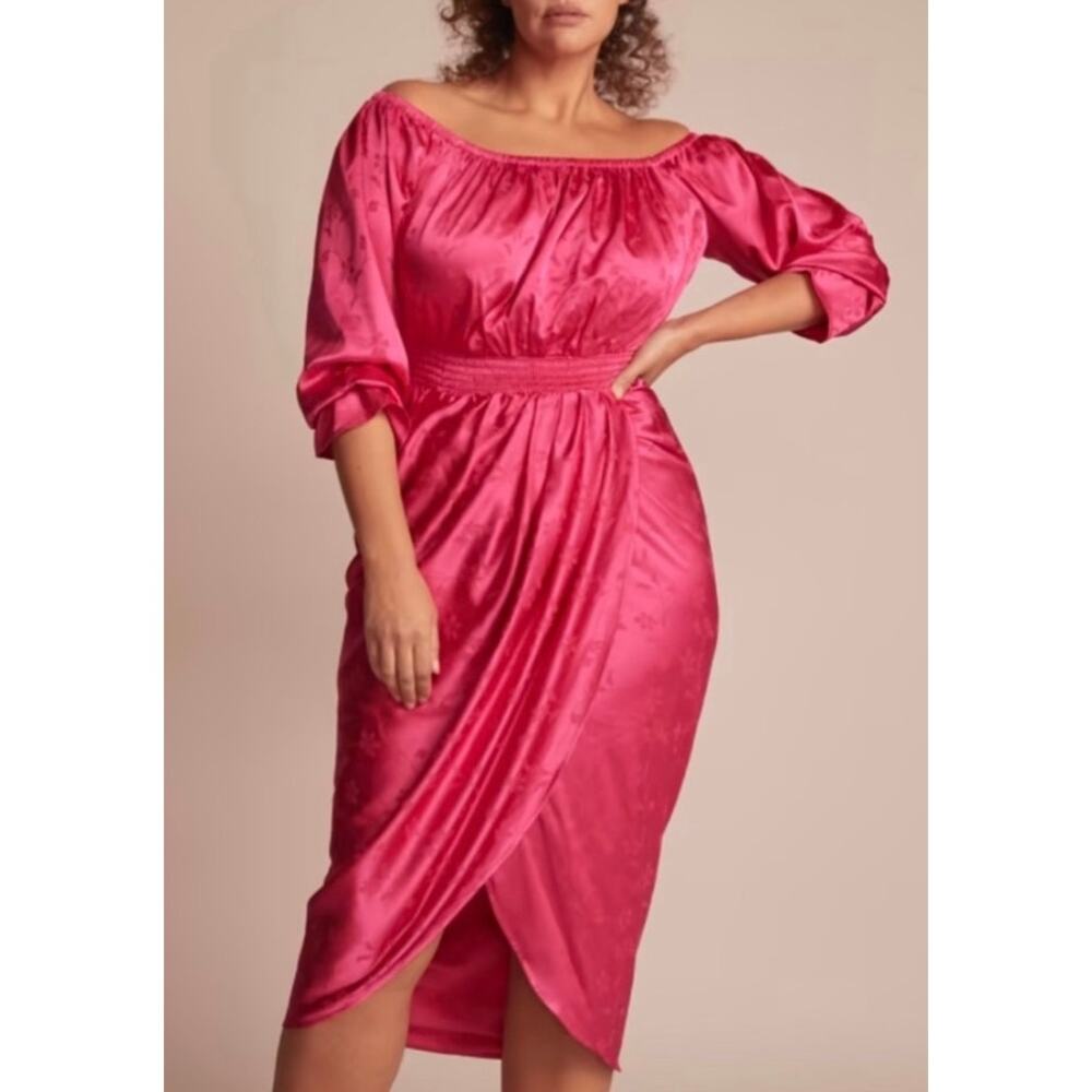 11 Honore Pink Satin Off Shoulder Midi Dress Floral Jacquard Luxe SZ 16 spring